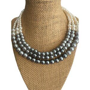 Elegant Multi-Strand White Gray Faux Pearl Bead Statement Necklace Collar Adj 19